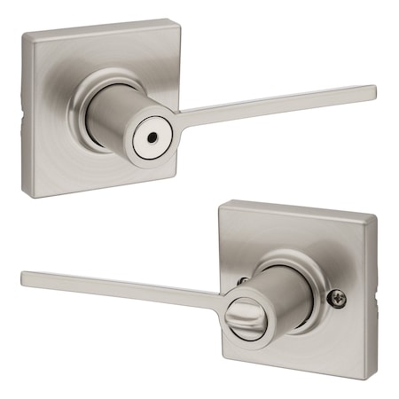 Kwikset Ladera Lever with Square Rose Privacy Door Lock with 6AL Latch and RCS Strike Satin Nickel Finish 300LRLSQT-15